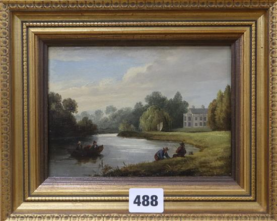 19th century English School, oil on panel, Anglers and boatmen along a river, 12 x 17cm